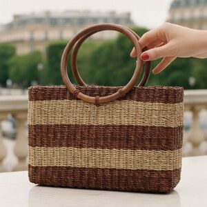 Striped Wicker Purse with Green Floral Inner Pattern 🌸 Perfect for vacation!